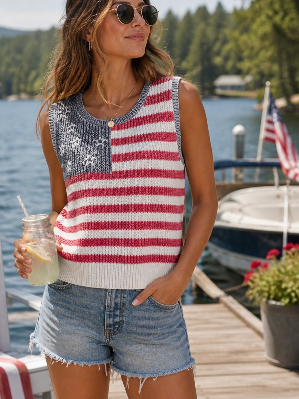 Lucky Brand Women’s Red White Blue Stars Knit Tank Top Size Large